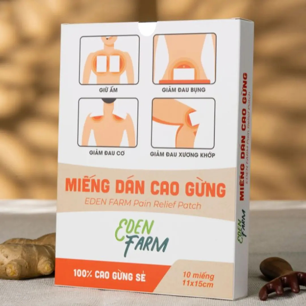 Miếng dán cao gừng Eden Farm – Giảm đau mỏi cổ vai gáy, giữ ấm cơ thể – Hộp 10 miếng 11×15cm