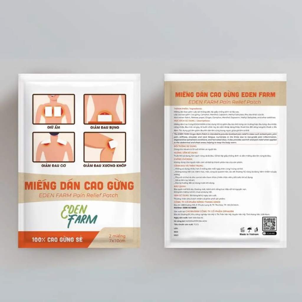 Miếng dán cao gừng Eden Farm – Giảm đau mỏi cổ vai gáy, giữ ấm cơ thể – Hộp 10 miếng 11×15cm